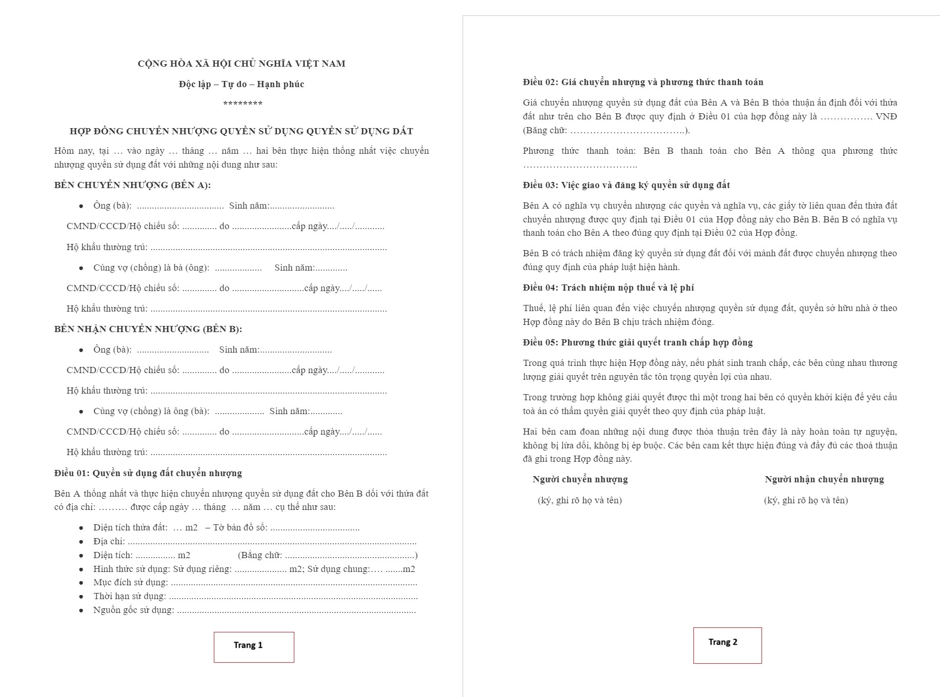 Mẫu giấy cho tặng đất chưa có sổ đỏ mới nhất