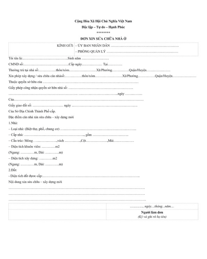 Mẫu đơn xin sửa chữa nhà ở in sẵn