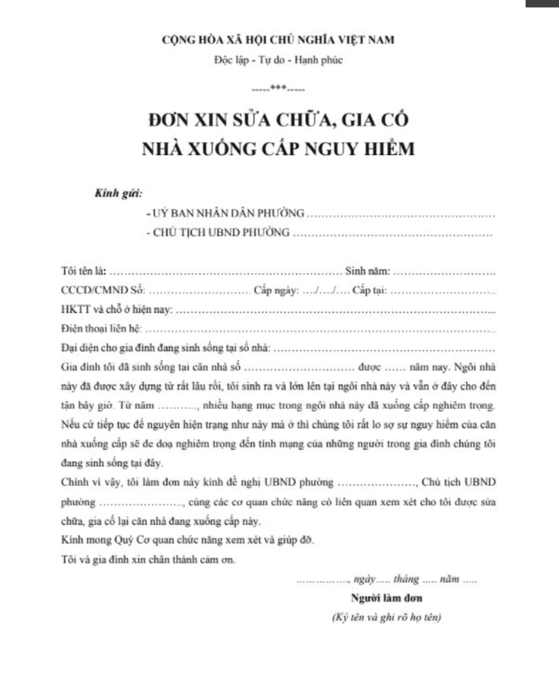 Mẫu đơn xin sửa chữa nhà ở đã xuống cấp