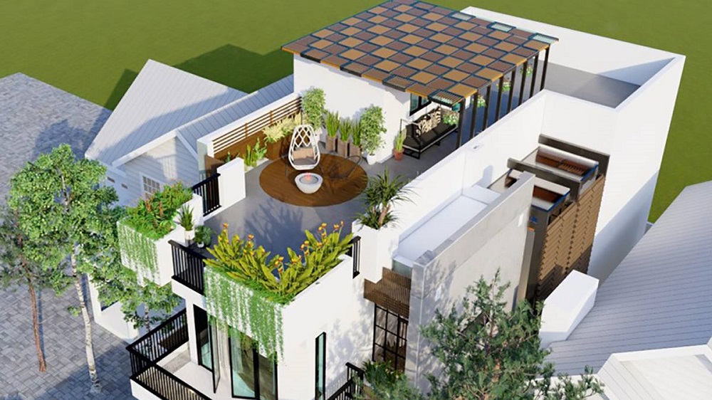 Tầng tum được cải tạo làm sân vườn thư giãn