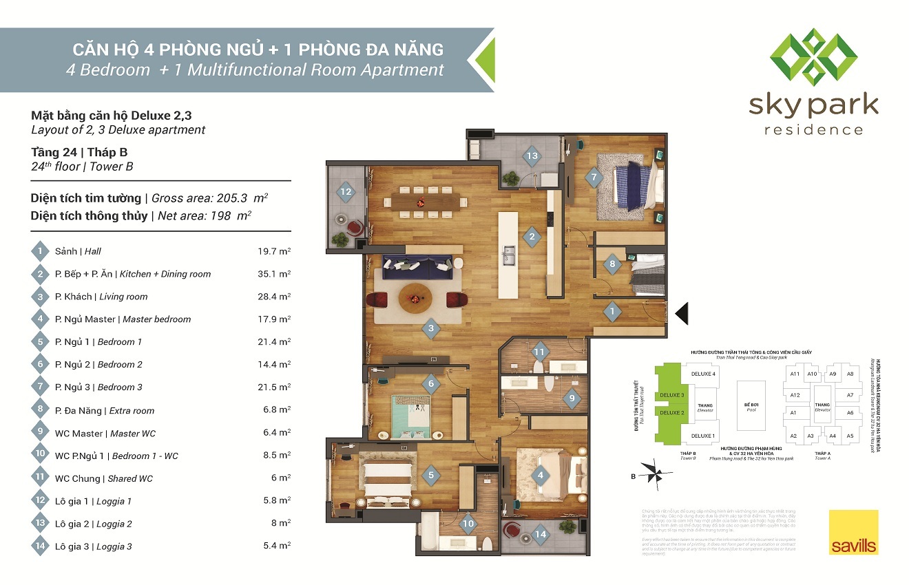 Mặt bằng căn hộ 4PN+1 phòng đa năng ở tháp B
