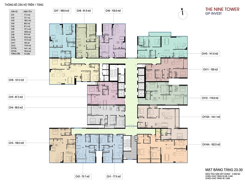Mặt bằng tầng 23-30 dự án The Nine Phạm Văn Đồng