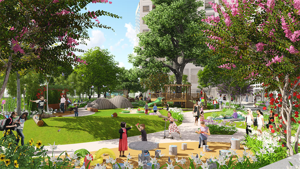 Khu vui chơi trẻ em kết hợp với không gian dạo bộ xanh mát tại Rivera Park Nghĩa Đô