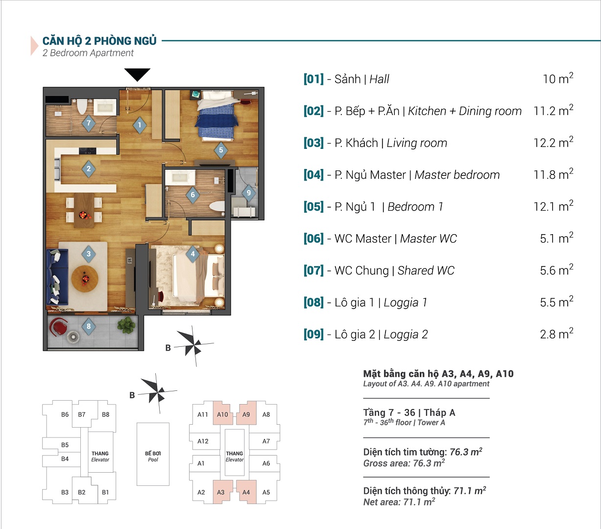 Mặt bằng căn hộ 2PN ở tháp A