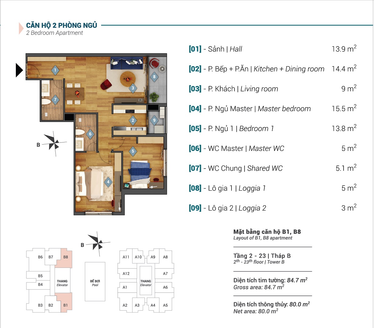 Mặt bằng căn hộ 2PN ở tháp B