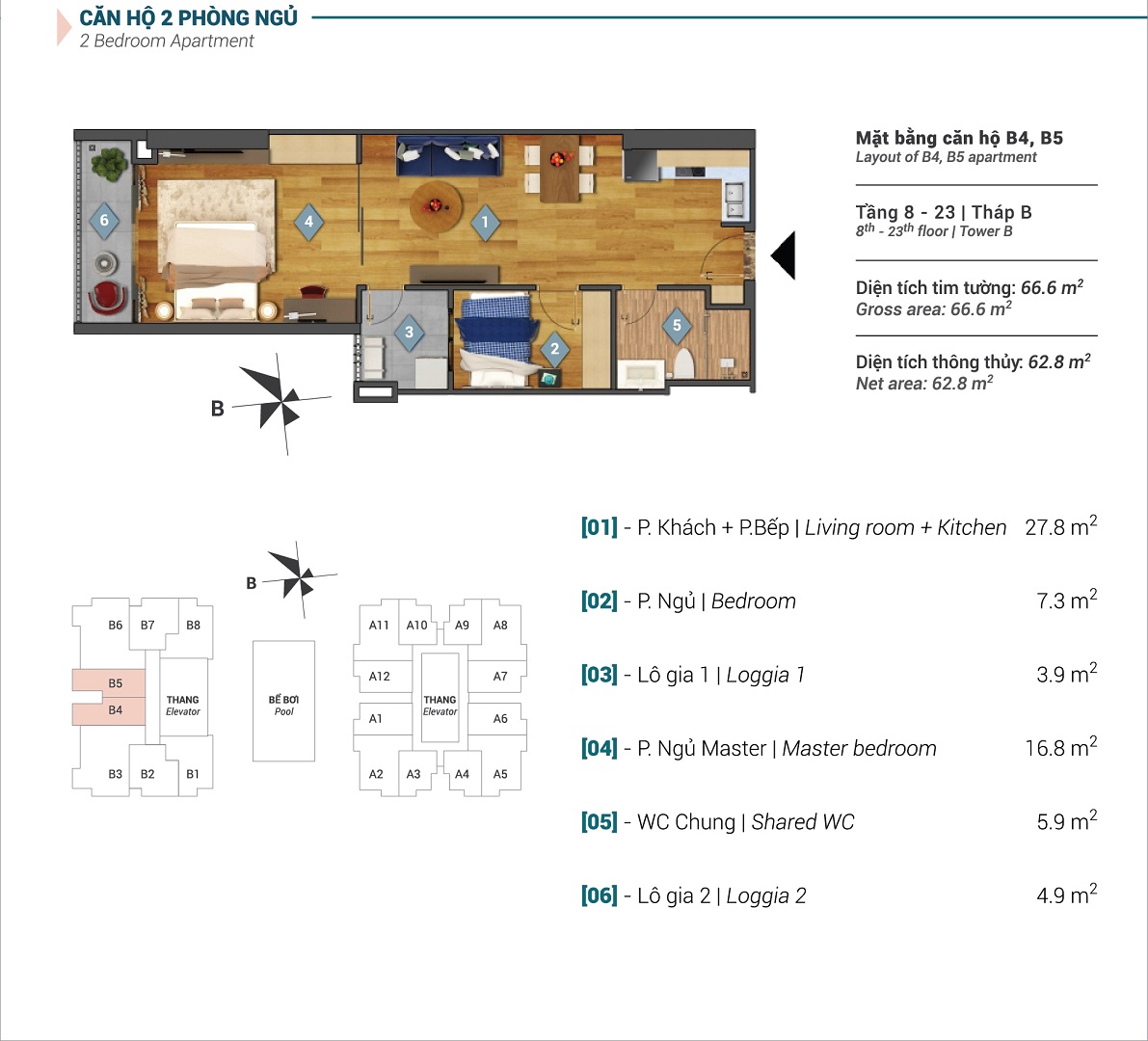 Mặt bằng căn hộ 2PN ở tháp B