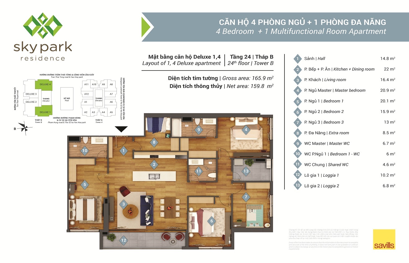 Mặt bằng căn hộ 4PN+1 phòng đa năng ở tháp B