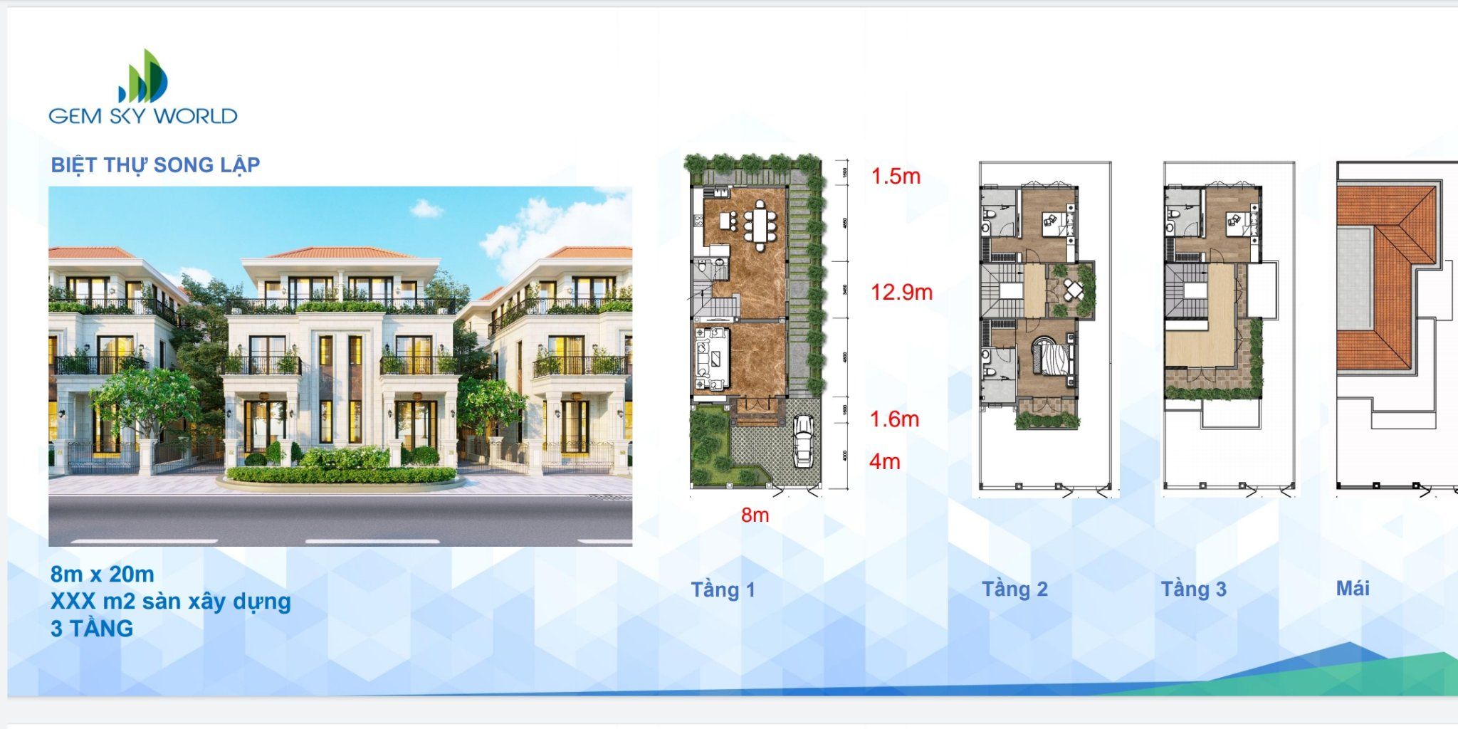 Chi tiết loại hình biệt thự song lập dự án Gem Sky World