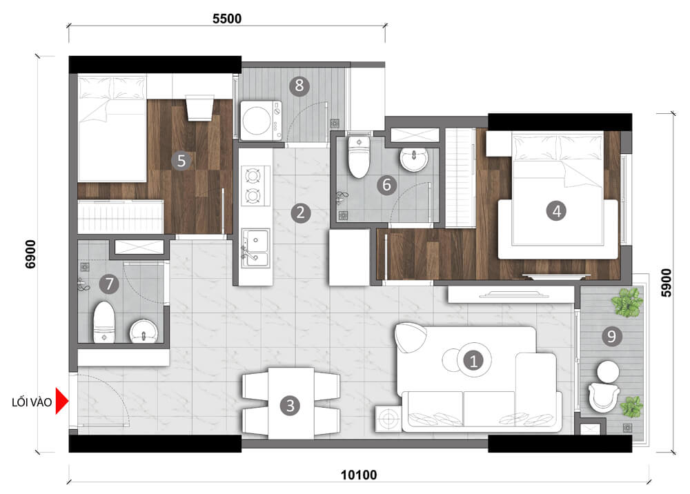 Layout căn hộ 2 phòng ngủ tại Opal Luxury