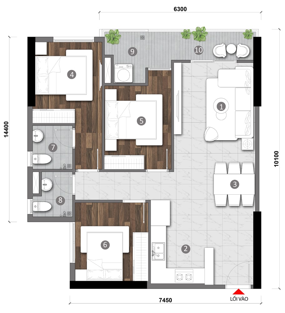 Layout căn hộ 3 phòng ngủ tại Opal Luxury