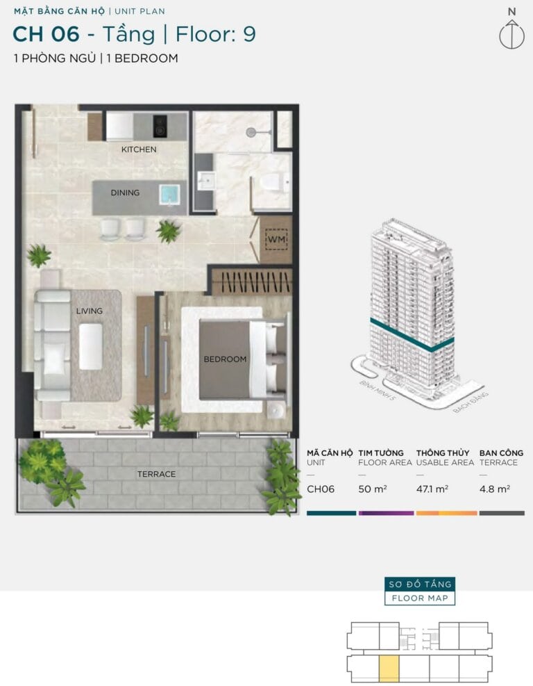 Layout căn hộ 1PN tại chung cư The Filmore Đà Nẵng