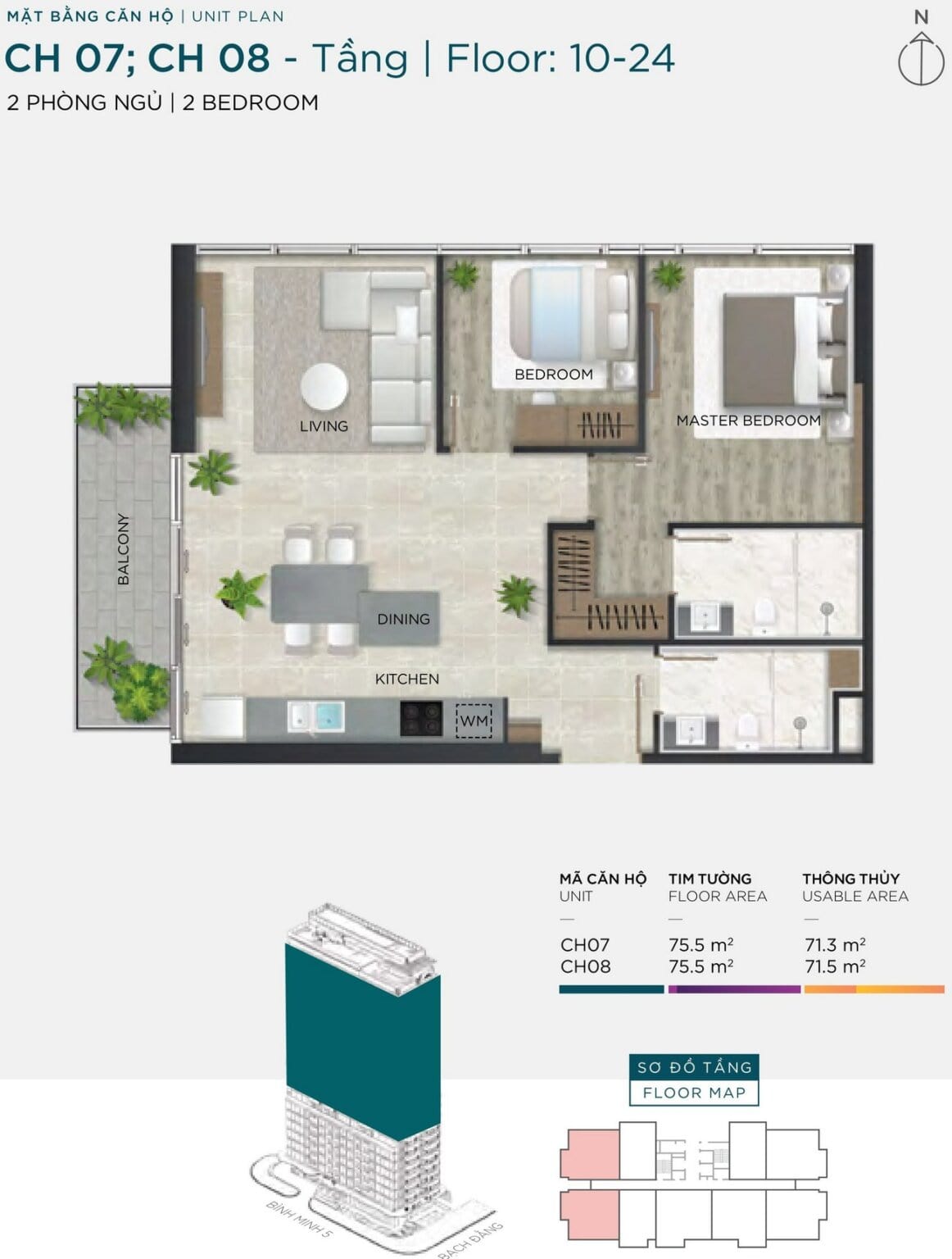Layout căn hộ 2 PN tại The Filmore Đà Nẵng
