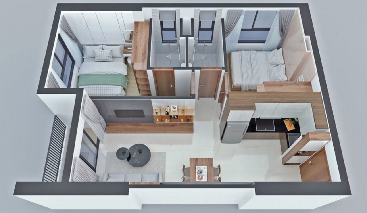 Thiết kế căn hộ 2 phòng ngủ dự án Bcons Sala