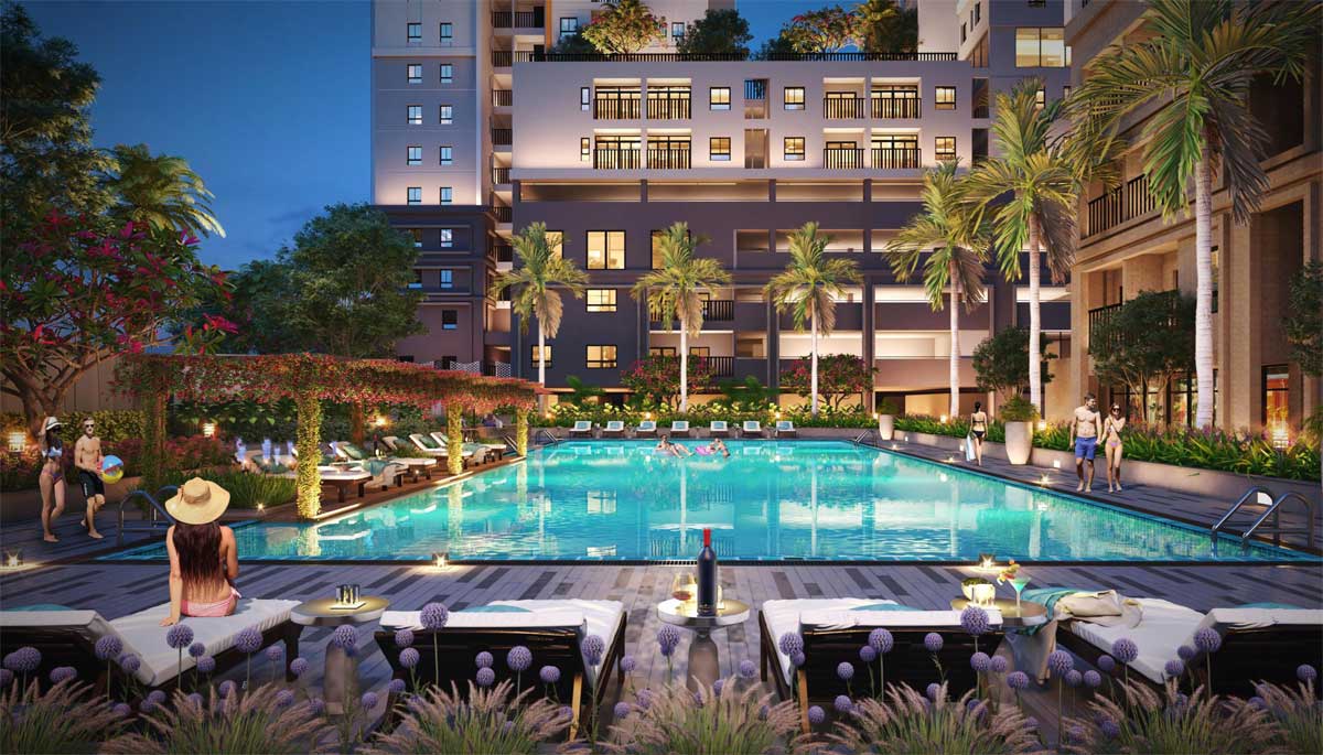 Hồ bơi rộng với khu nghỉ ngơi trên bờ