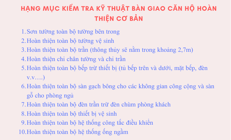Danh sách hạng mục kiểm tra khi bàn giao căn hộ chung cư chi tiết