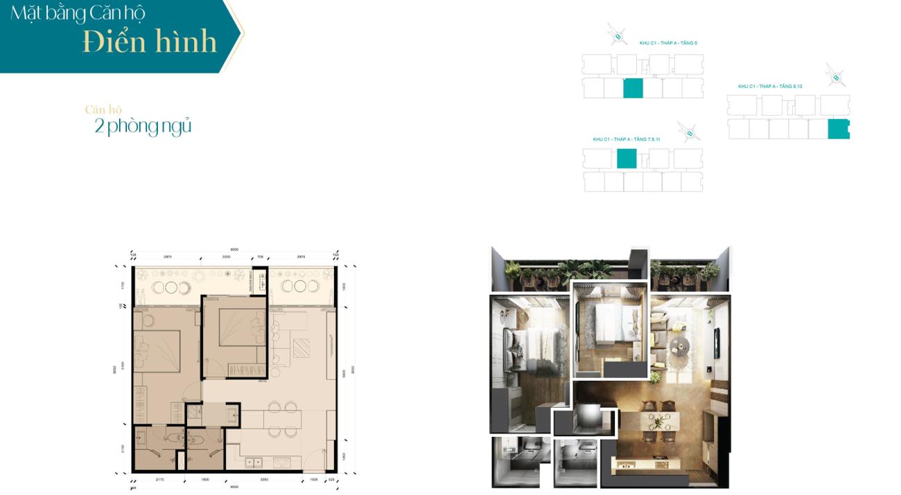 Layout thiết kế căn hộ 2PN tại Fiato Premier