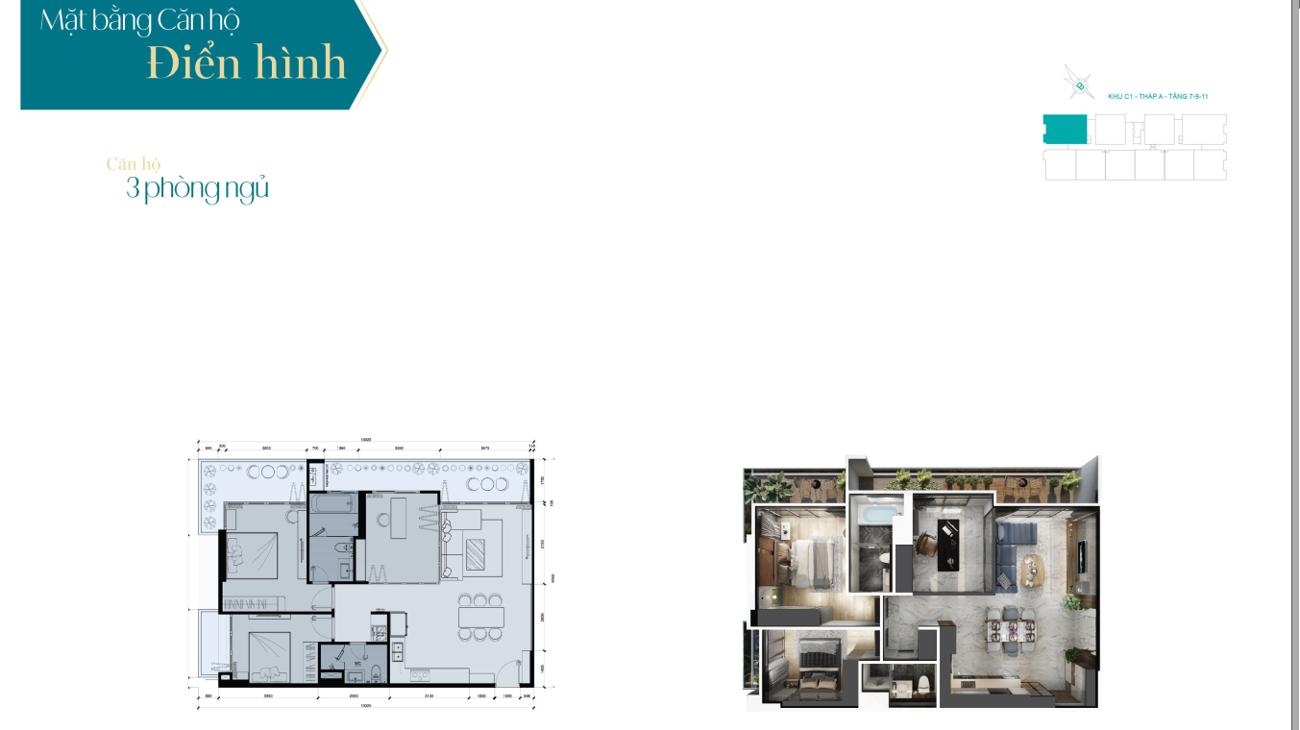 Layout thiết kế căn hộ 3PN tại Fiato Premier
