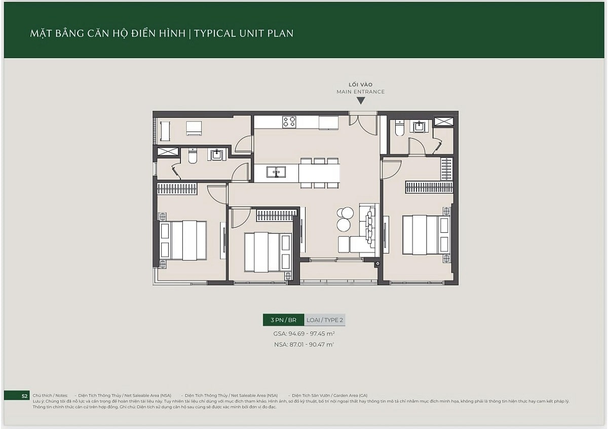 Mặt bằng căn hộ 3PN tại Lumiere Boulevard