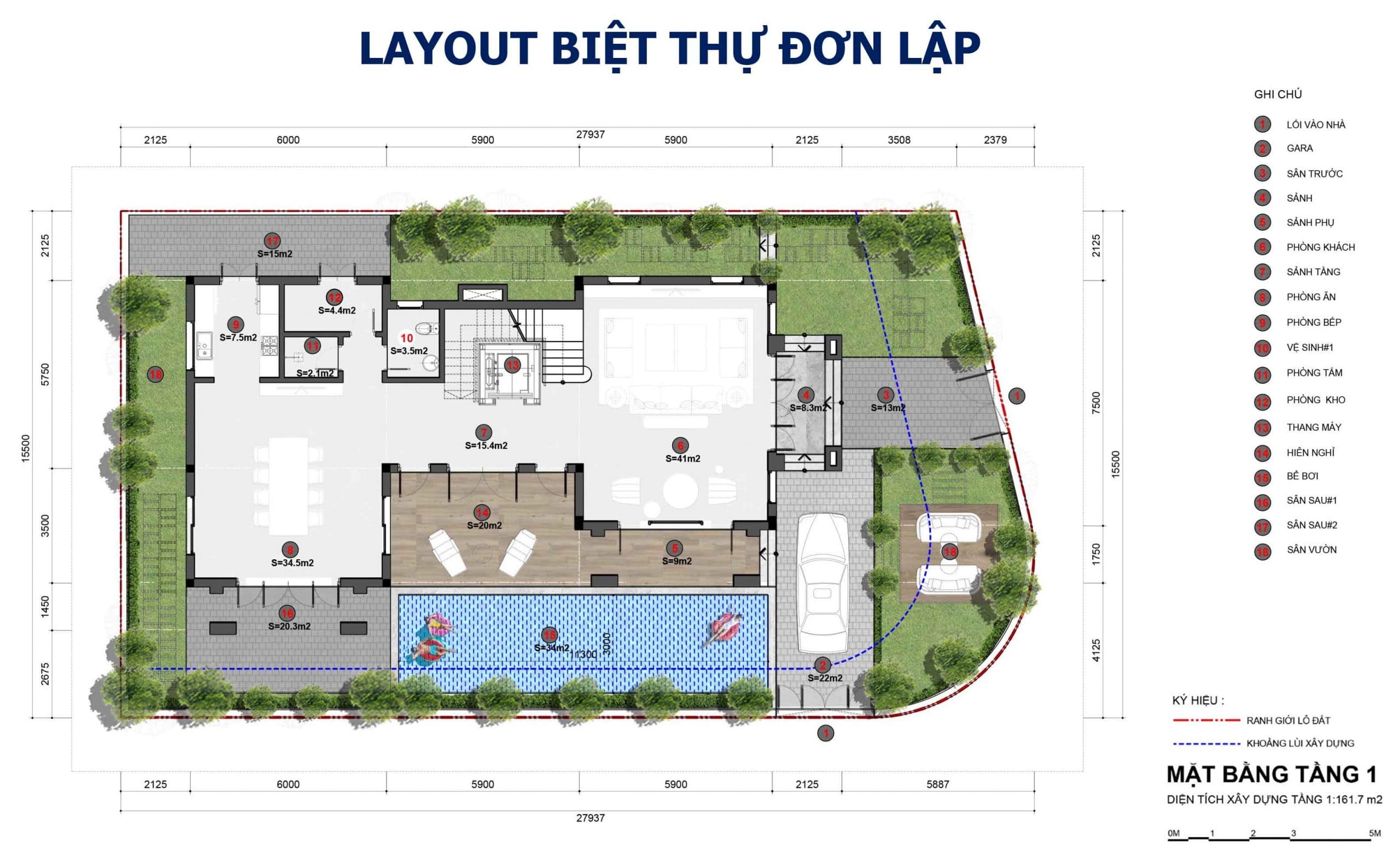 Layout thiết kế biệt thự đơn lập Sunneva Đà Nẵng - Tầng 1