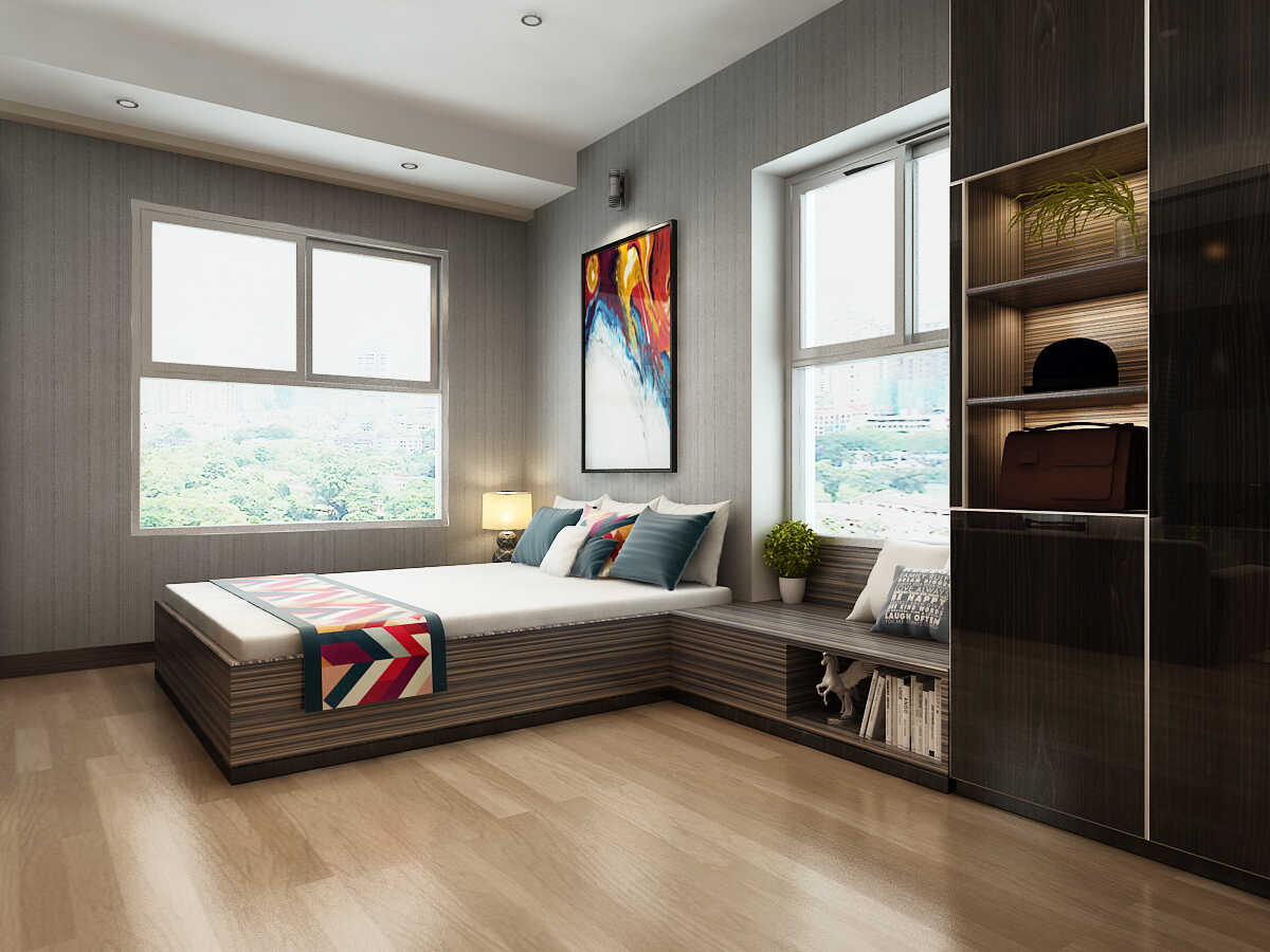 Phòng ngủ tông màu trắng lát sàn gỗ