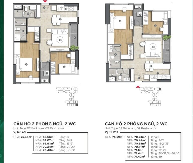 Layout thiết kế căn hộ 2 PN tại The Emerald 68, Bình Dương