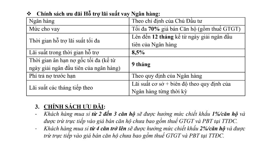 Chính sách hỗ trợ và ưu đãi tại căn hộ Ventoso Tower