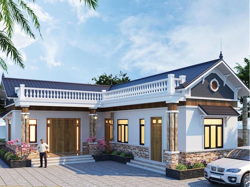 Thiết kế mẫu nhà cấp 4 mái thái 3 phòng ngủ chữ L có sân vườn