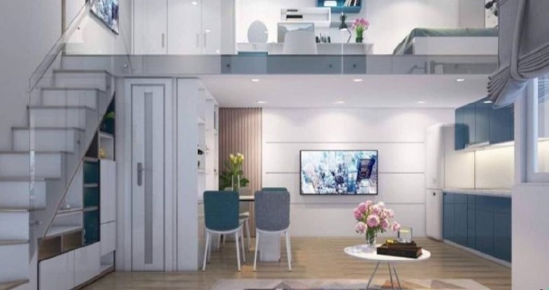 Mẫu thiết kế phòng trọ 30m2 tone xanh trắng mát mắt