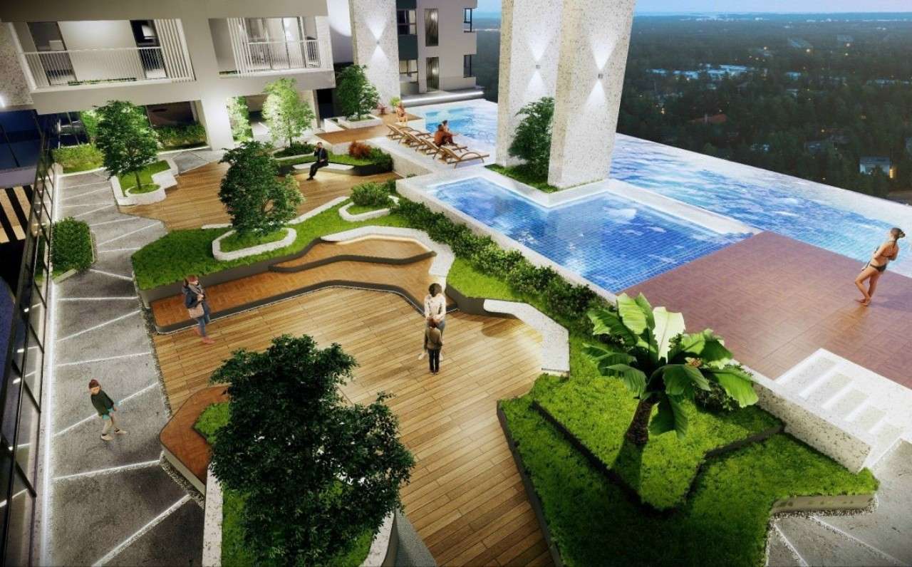 Hồ bơi và cảnh quan xanh trên tầng 5