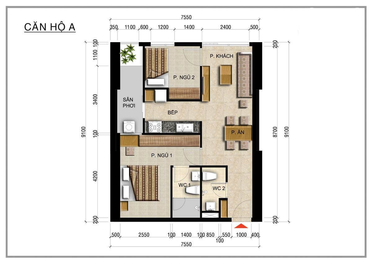 Thiết kế căn hộ 2 phòng ngủ dự án Centana Thủ Thiêm