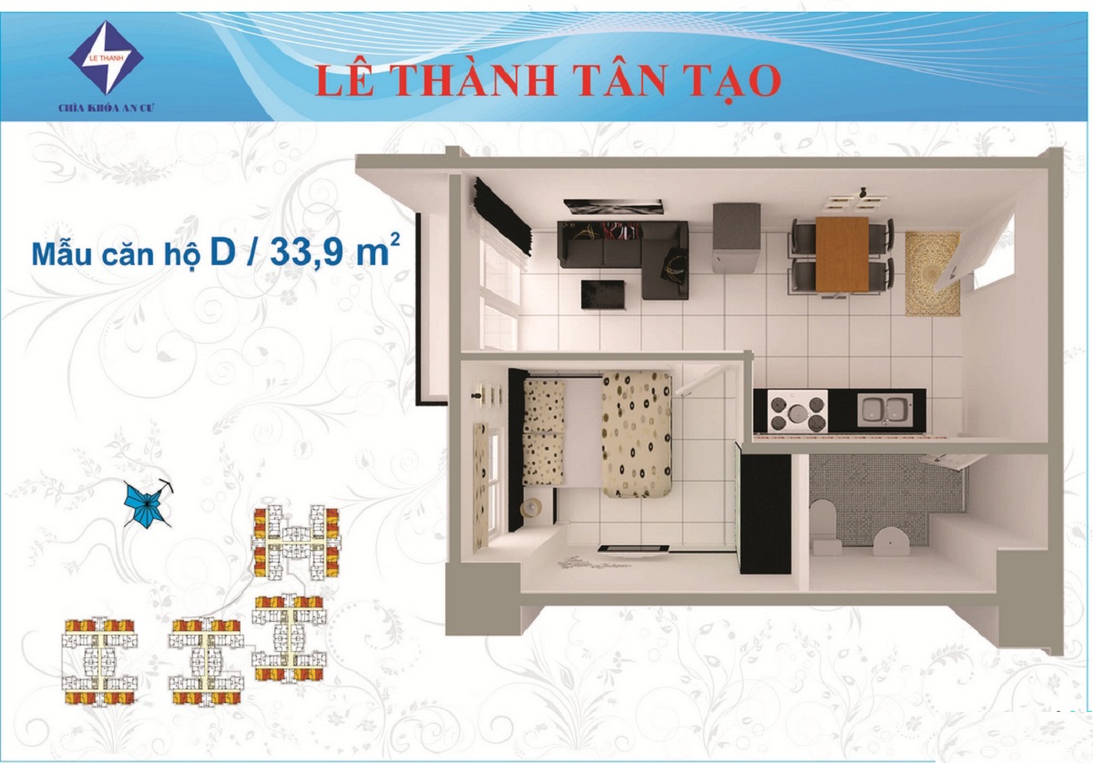 Diện tích căn hộ 1 phòng ngủ chung cư Lê Thành