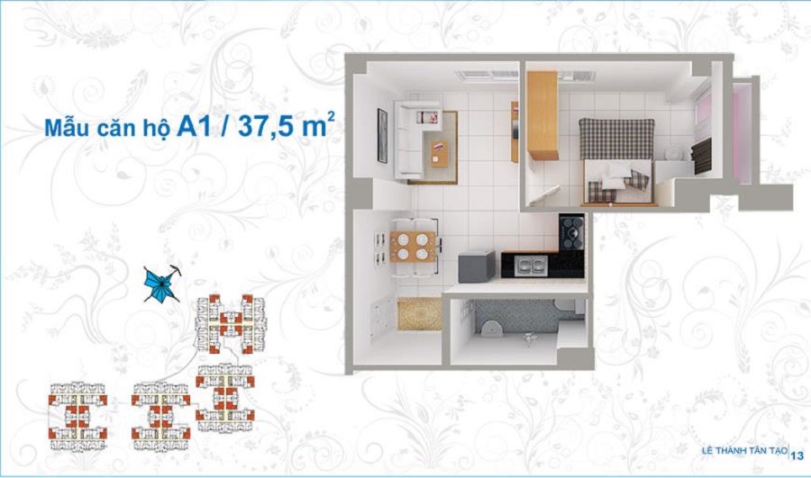 Diện tích căn hộ 1 phòng ngủ chung cư Lê Thành