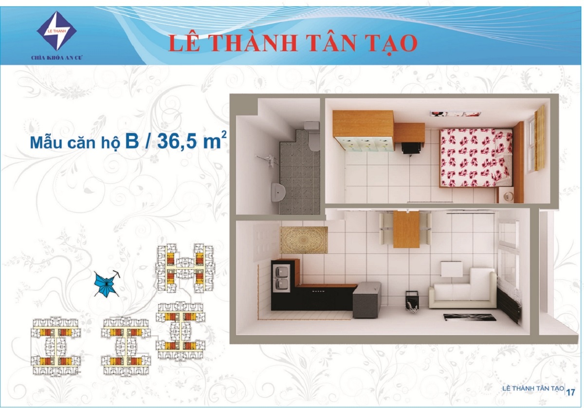 Diện tích căn hộ 1 phòng ngủ chung cư Lê Thành
