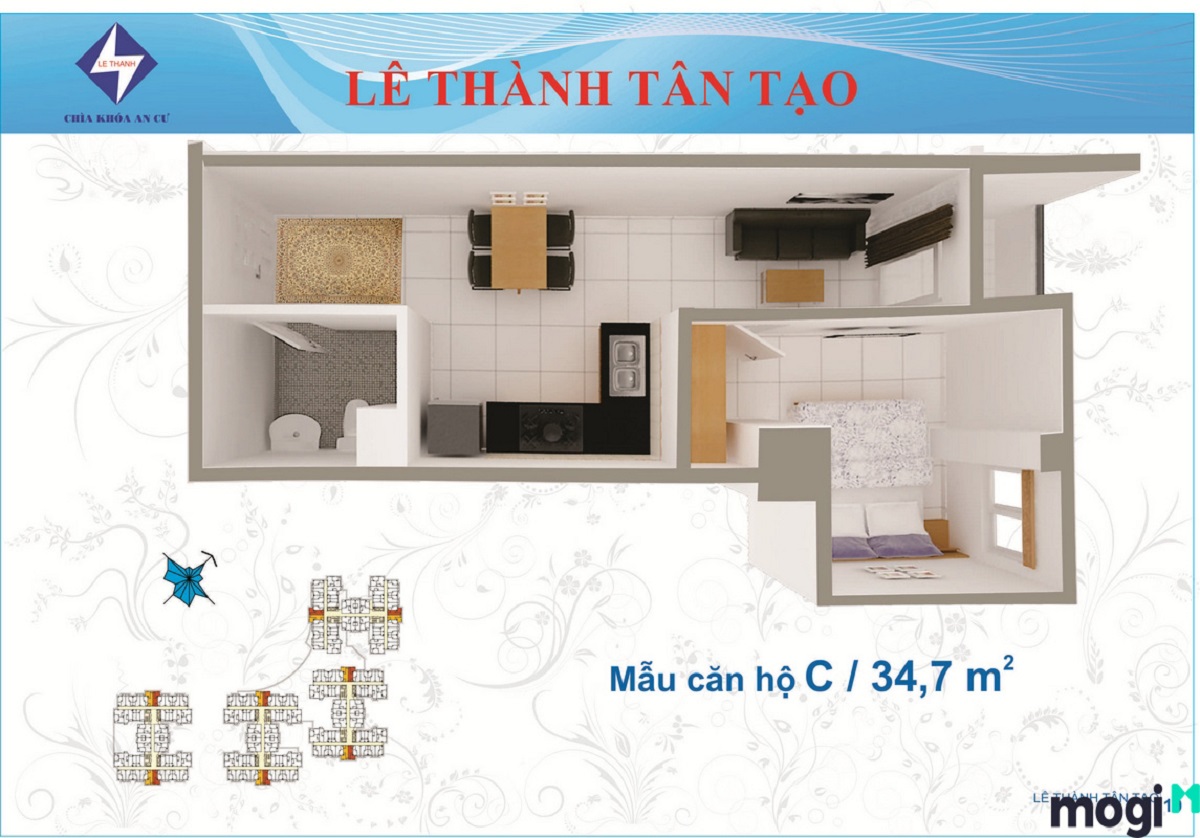 Diện tích căn hộ 1 phòng ngủ chung cư Lê Thành