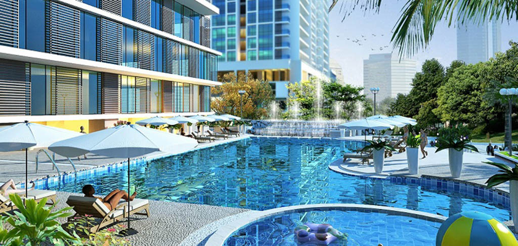 Mặt trước bể bơi với thiết kế hiện đại