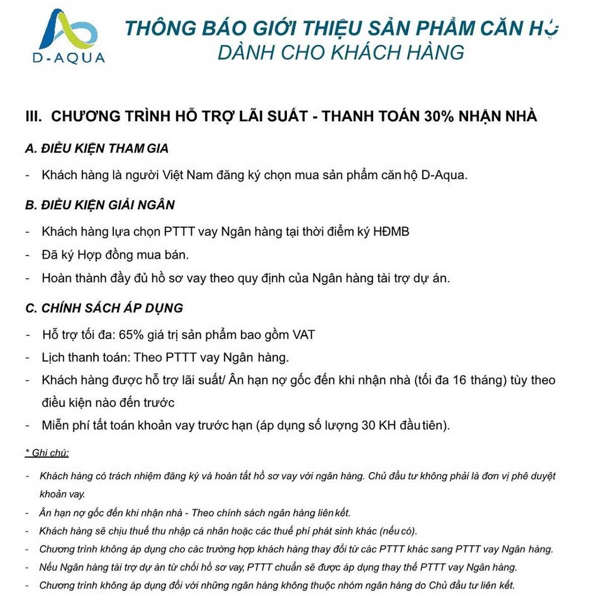 Chính sách bán hàng mới nhất của dự án