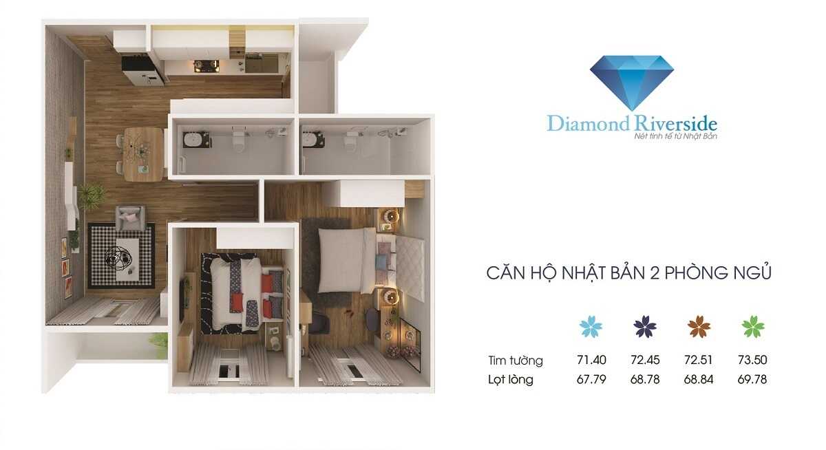 Thiết kế căn hộ 2 phòng ngủ Diamond Riverside