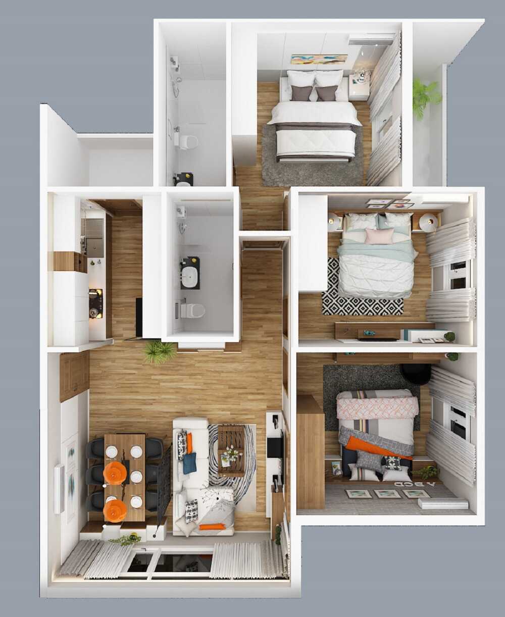 Căn hộ 3 phòng ngủ thiết kế tối ưu công năng sử dụng