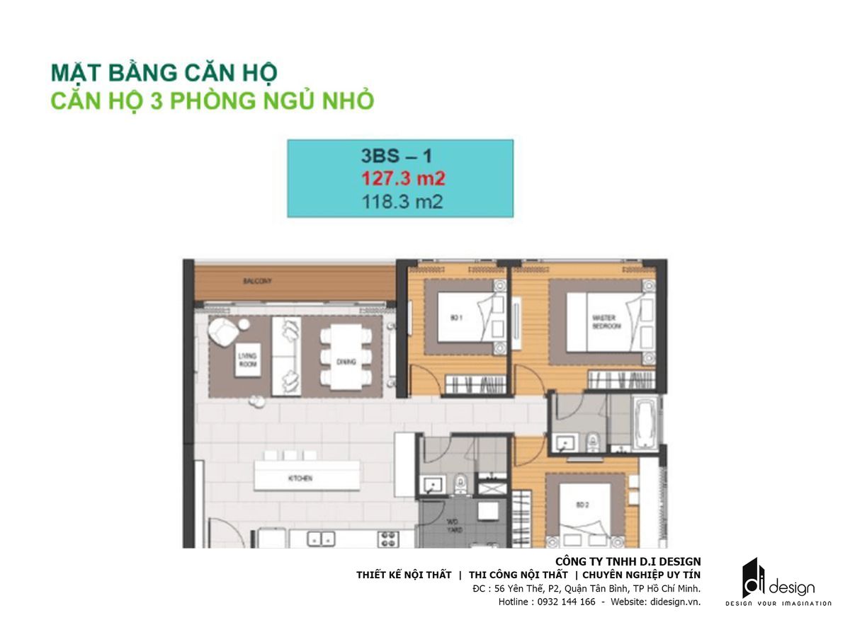 Thiết kế căn hộ 3 phòng ngủ dự án Empire City loại nhỏ