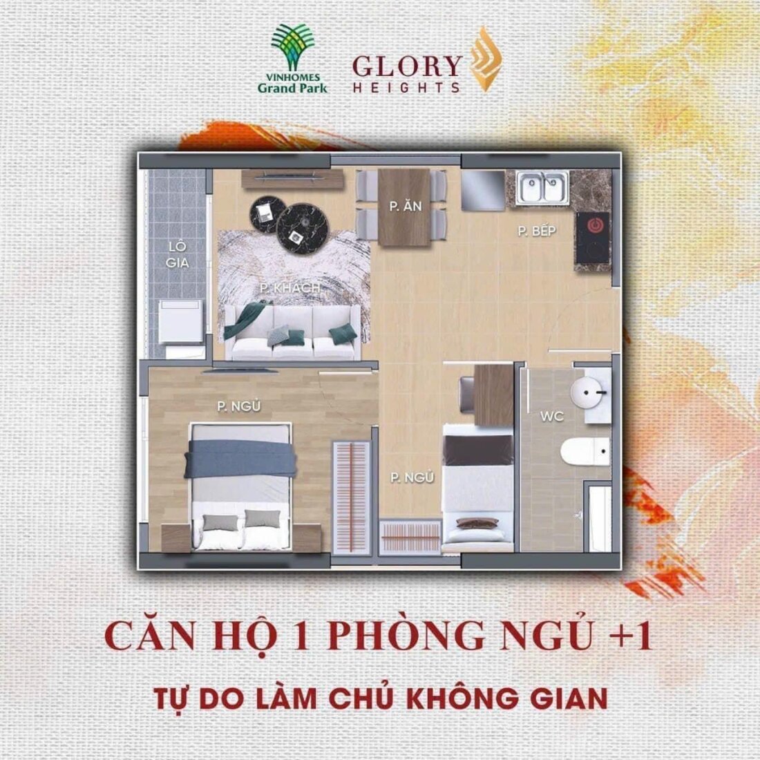 Thiết kế căn hộ 1PN + 1 phân khu The Glory Heights
