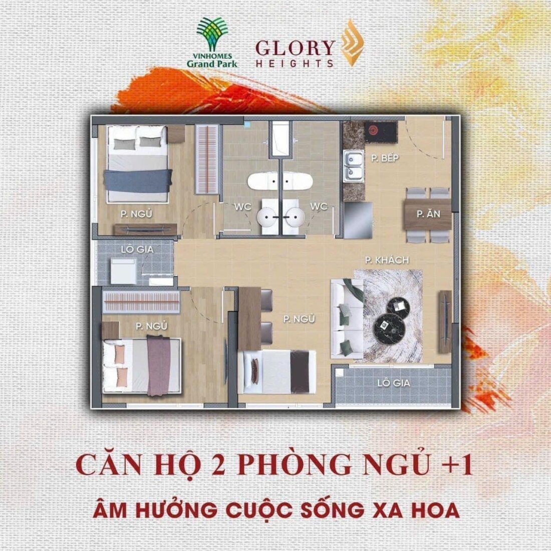 Thiết kế căn hộ 2PN + 1 phân khu The Glory Heights