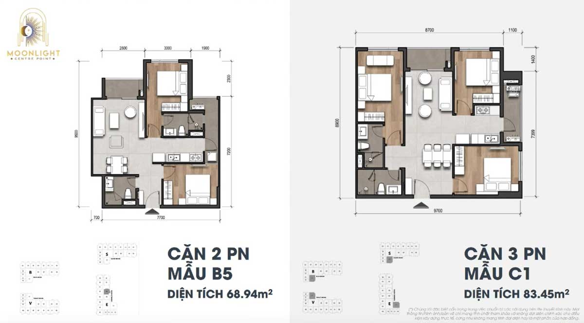 Căn hộ 2 - 3 phòng ngủ dự án Moonlight Centre Point