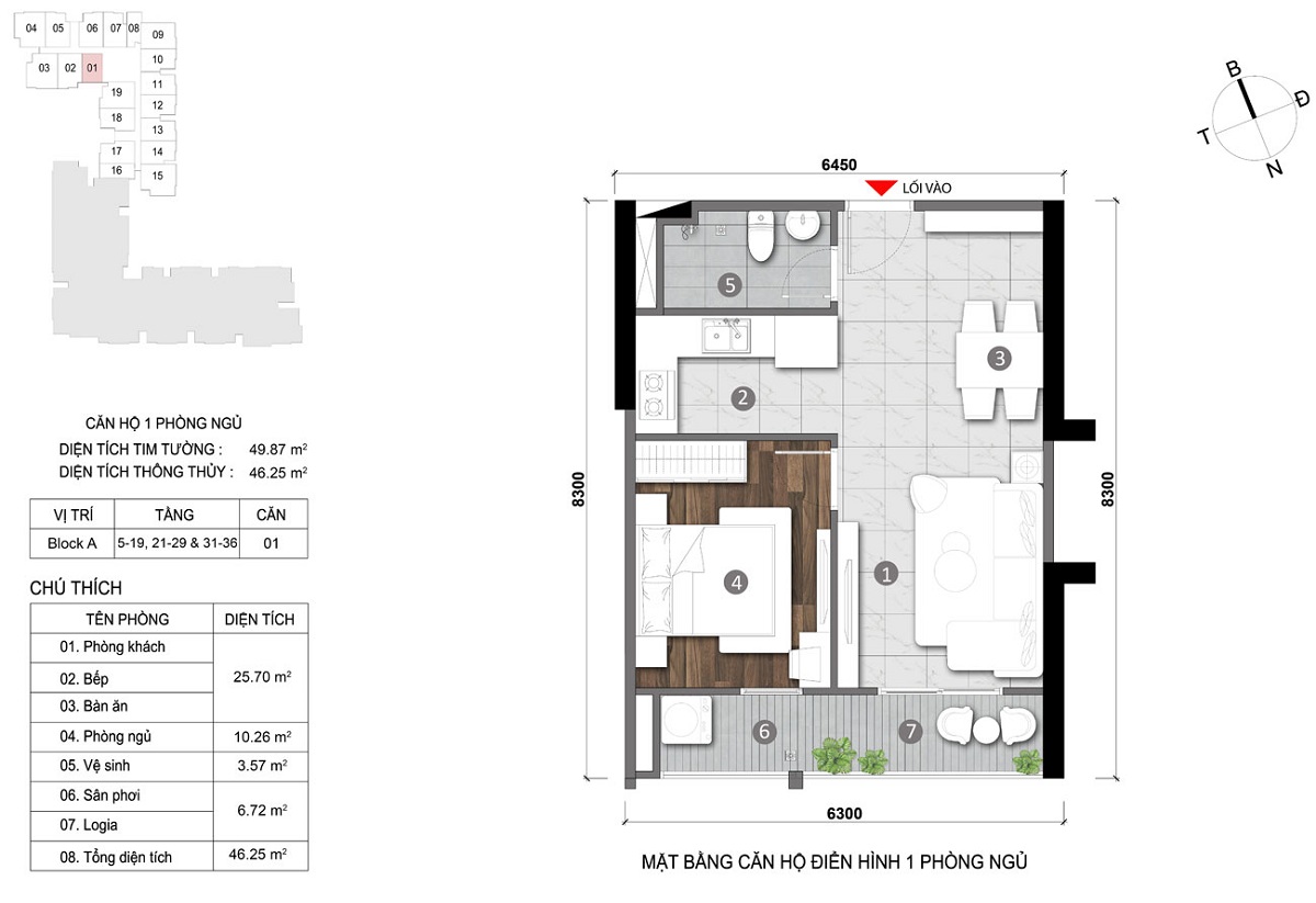 Thiết kế căn hộ 1 phòng ngủ dự án Opal Cityview