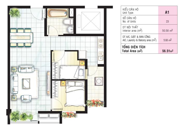 Thiết kế căn hộ 2 phòng ngủ dự án Sky Garden 3