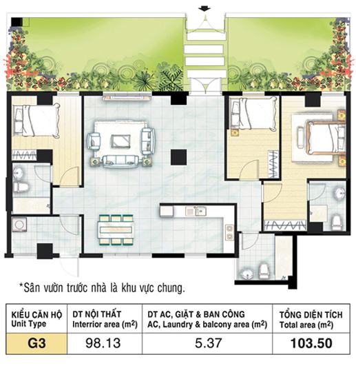 Thiết kế căn hộ 3 phòng ngủ dự án Sky Garden 3
