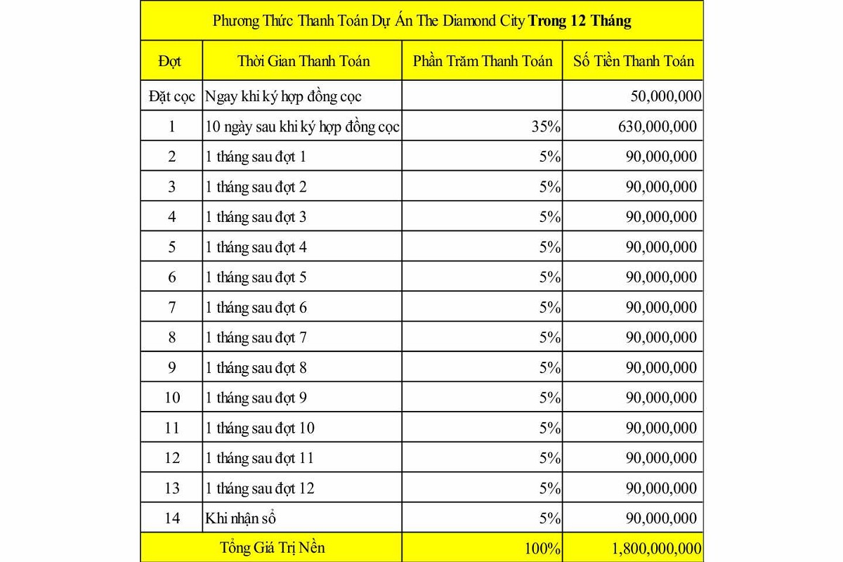 Phương thức thanh toán dự án The Diamond City linh hoạt