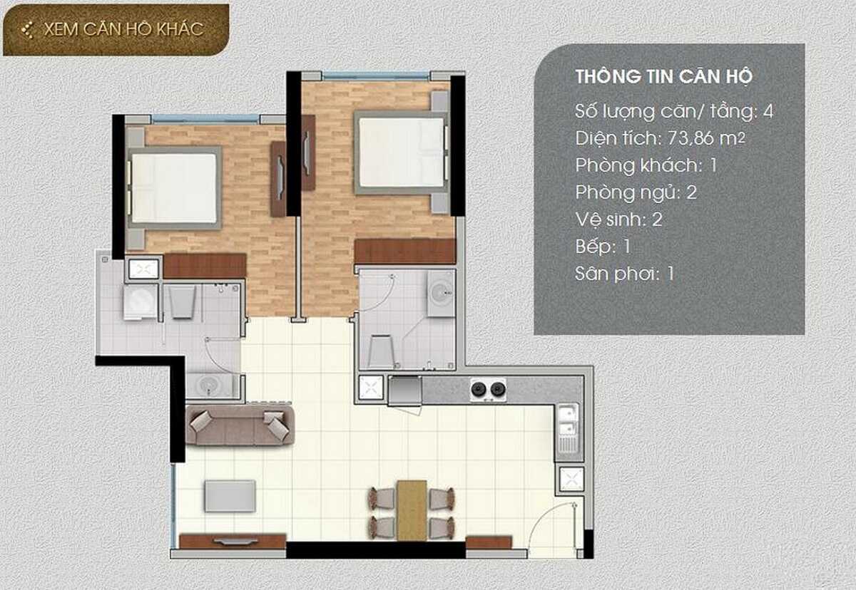 Thiết kế căn hộ 2 phòng ngủ dự án The Park Residence