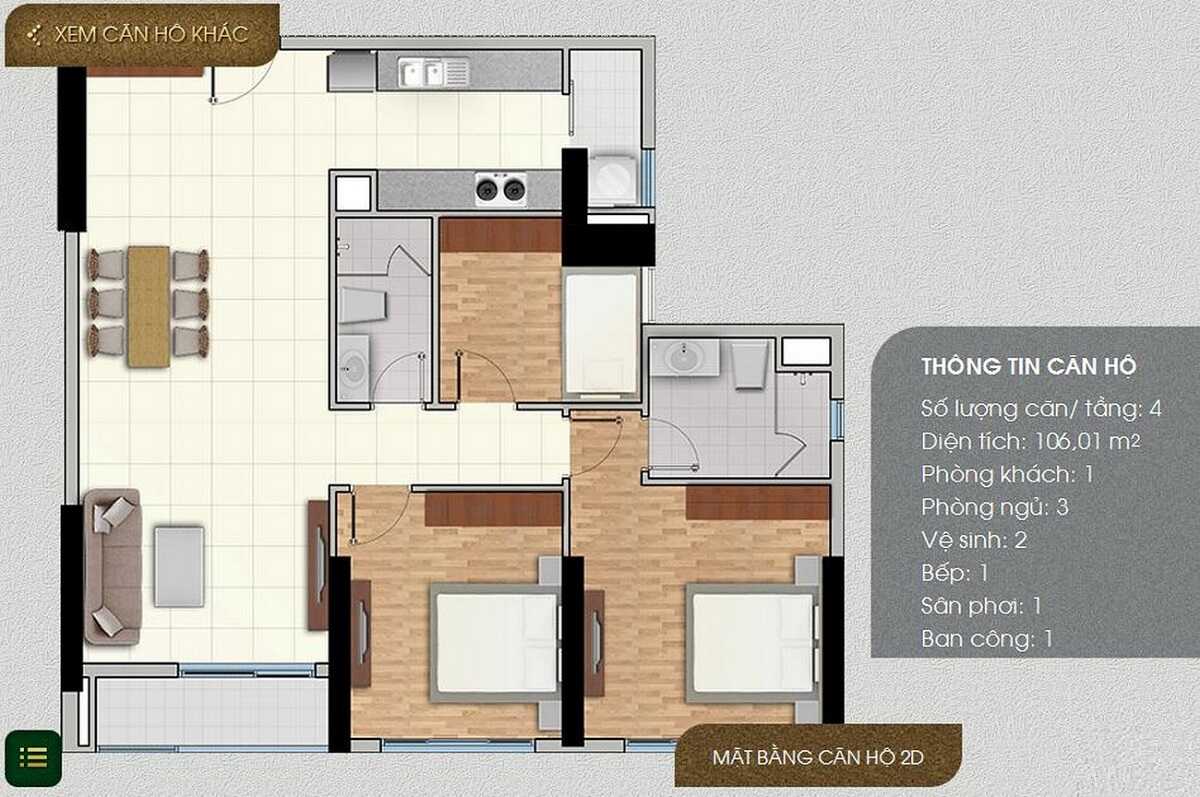 Thiết kế căn hộ 3 phòng ngủ dự án The Park Residence