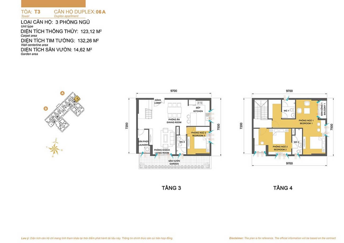 Mặt bằng căn hộ 3PN tại Masteri Thảo Điền