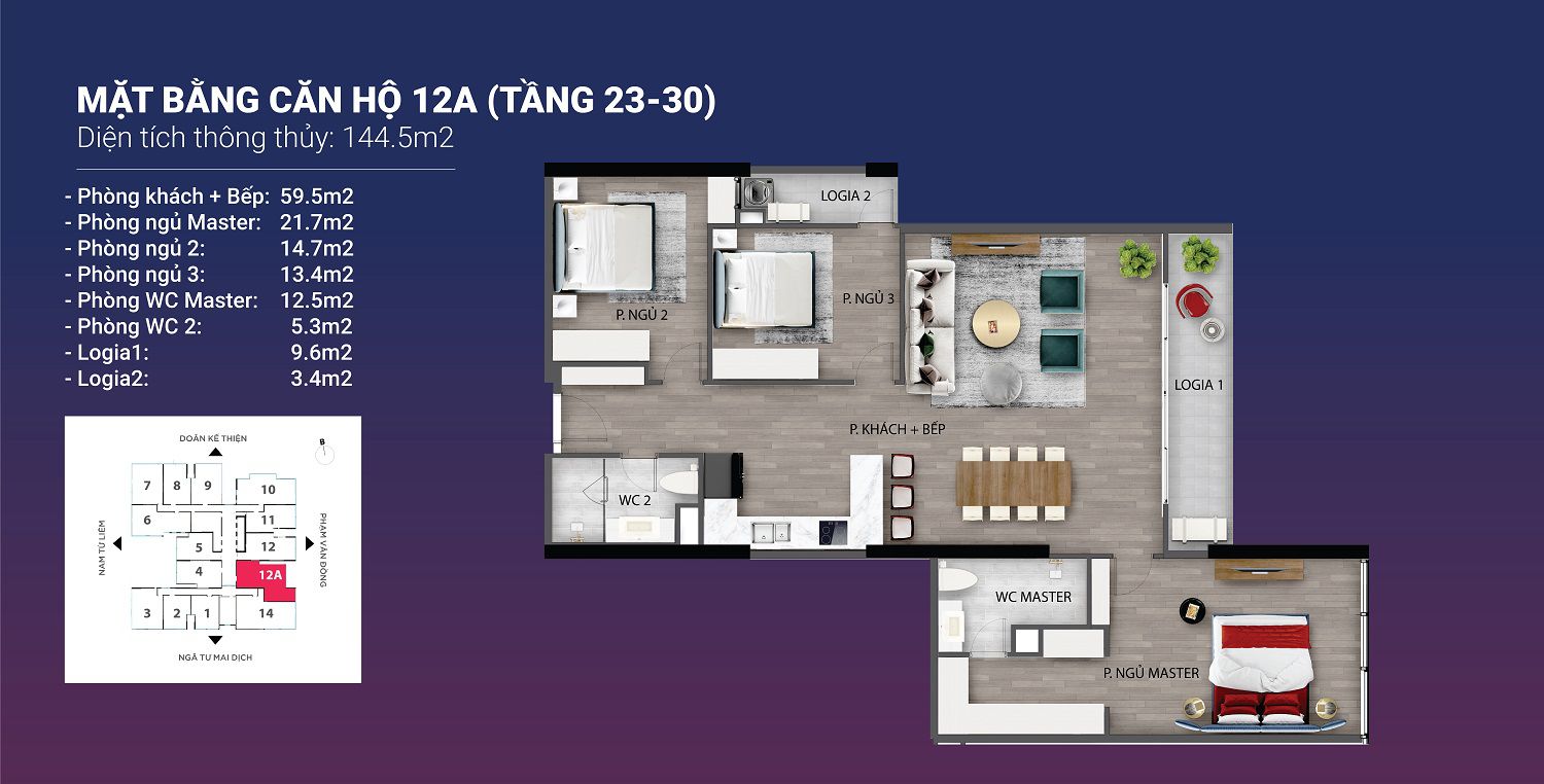 Mặt bằng căn hộ 12A tầng 23-30